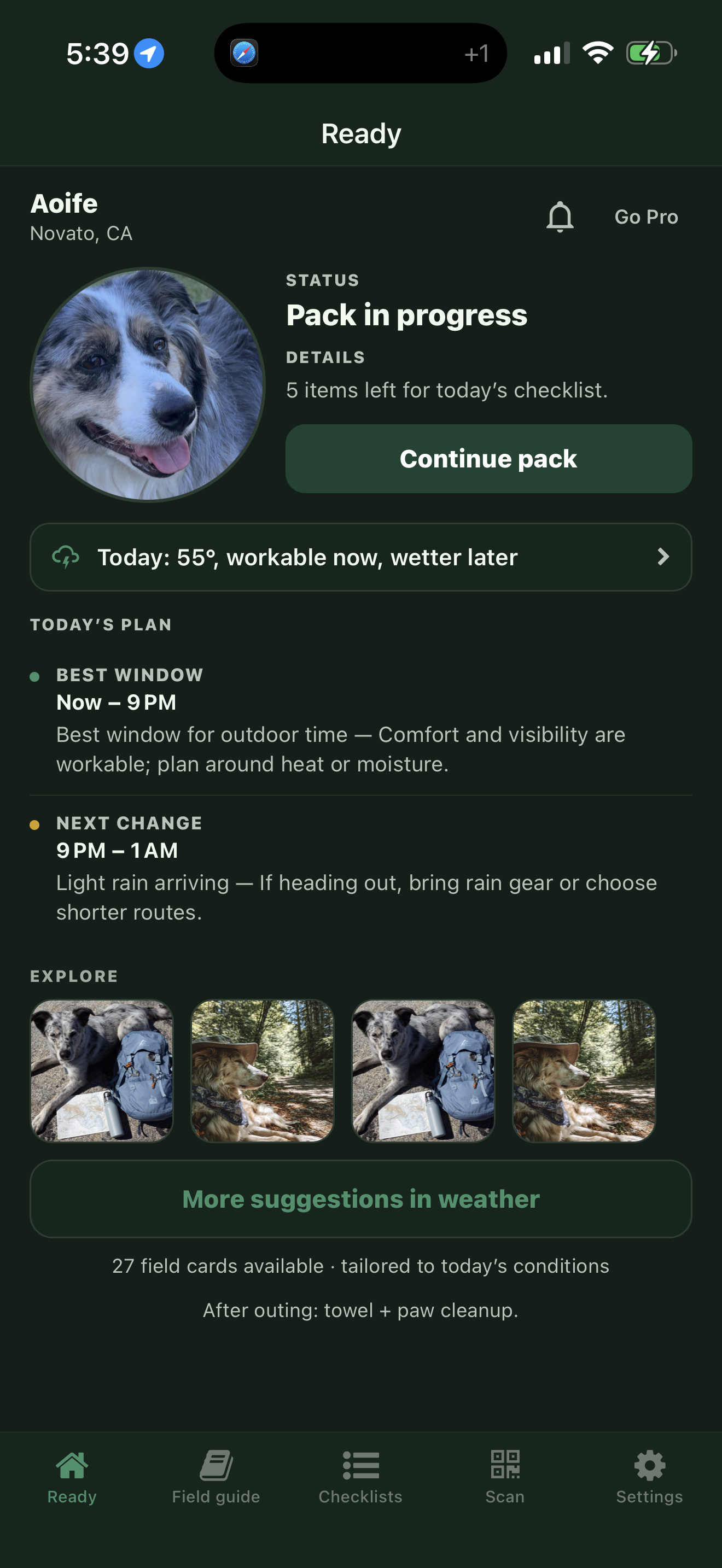 NorthPaw in-app Ready view: outing prep, conditions, and today’s plan