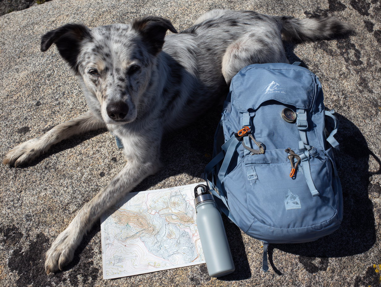 Dog beside map and pack, practical reference for time outside