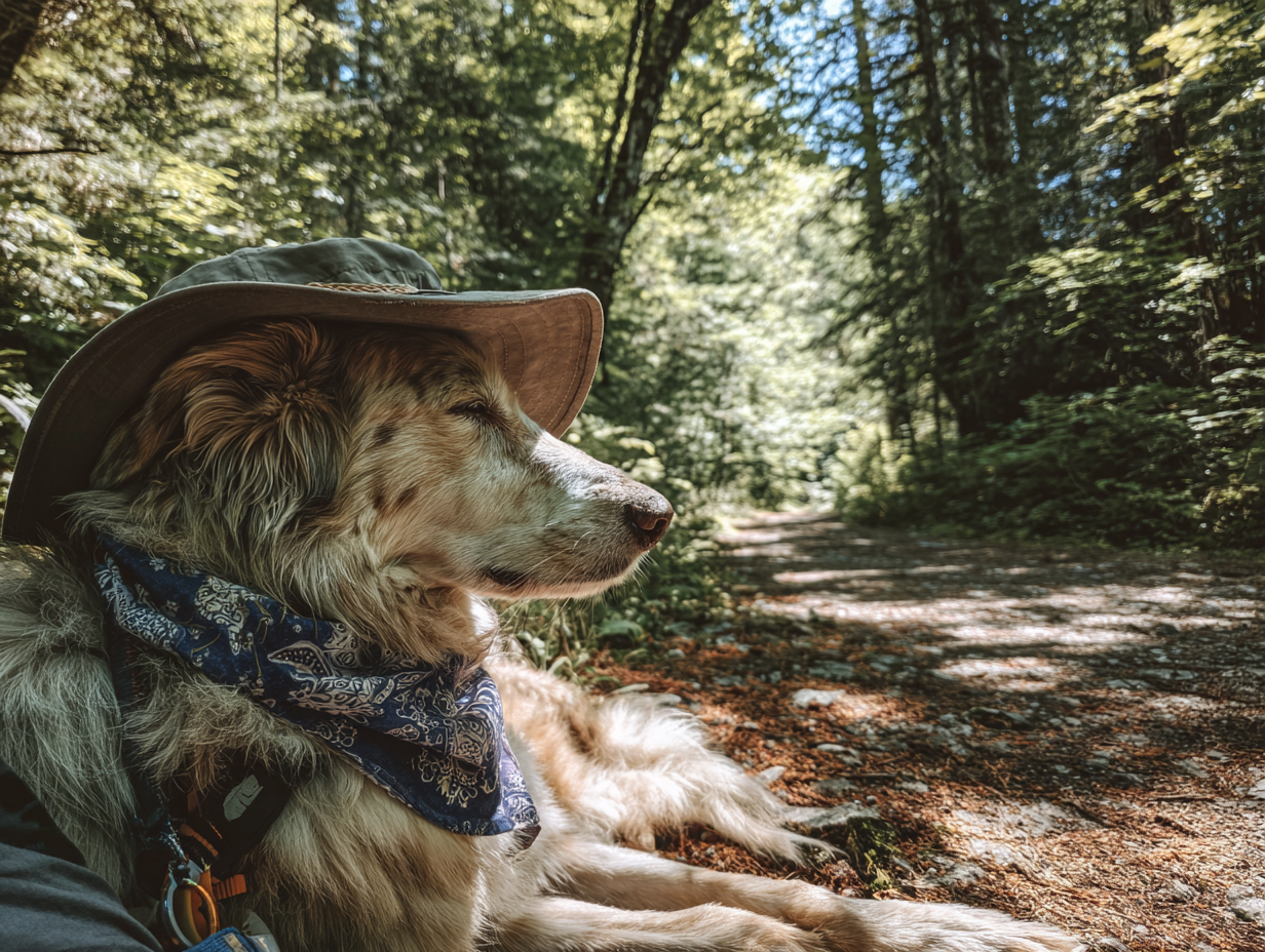 Dog on a forest path, packed for the outing ahead