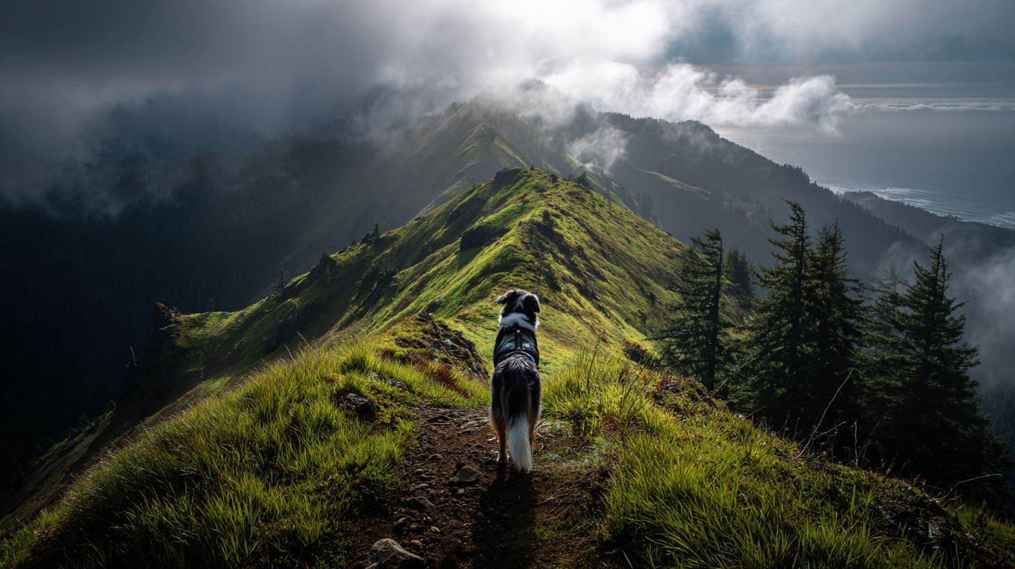 Dog on a mountain trail, heading out with a clear read on the day